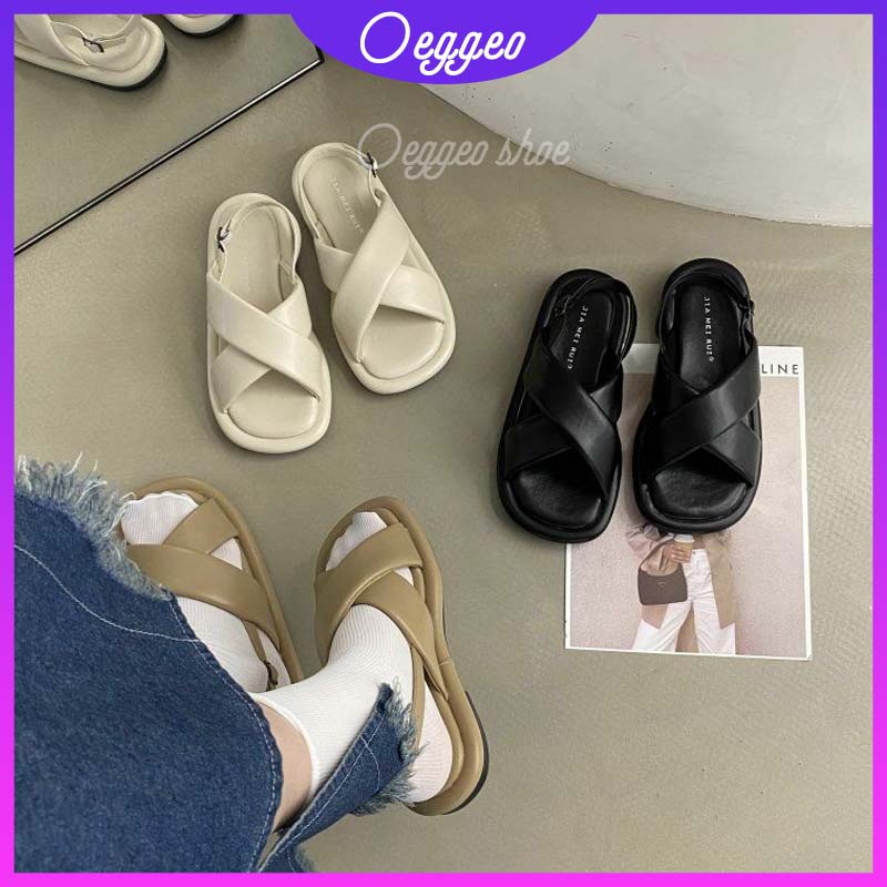 oeggeo shop Broadband cross sandals Flat bottom sandals with button ...