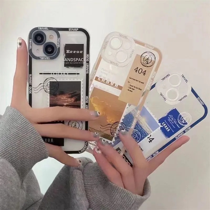 Landscape Stamp Label Clear Phone Case For Xiaomi MI 11T Pro POCO X3 GT M3 M4 F3 Redmi 9A 9C Note 7 8 10 11 Pro 9T 11T 11E Shockproof Soft Transparent Bumper Covers Shell