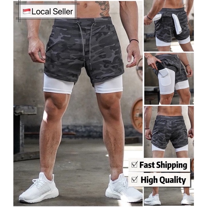 [SG Ready Stock] lulu Men dry fit sport short pants 2 in 1/ double layer/ jogging/ gym pants