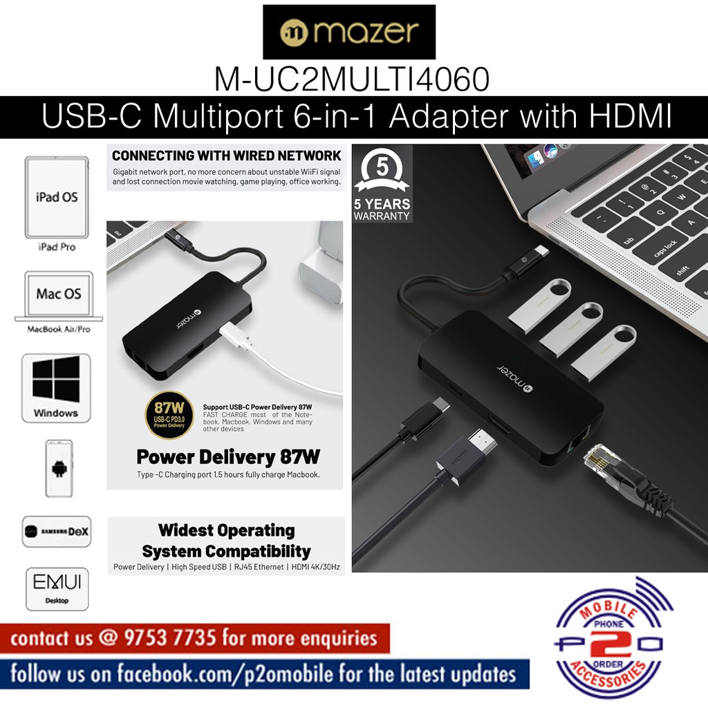 Mazer USB-C Multiport 6-in-1 Adapter, M-UC2MULTI4060