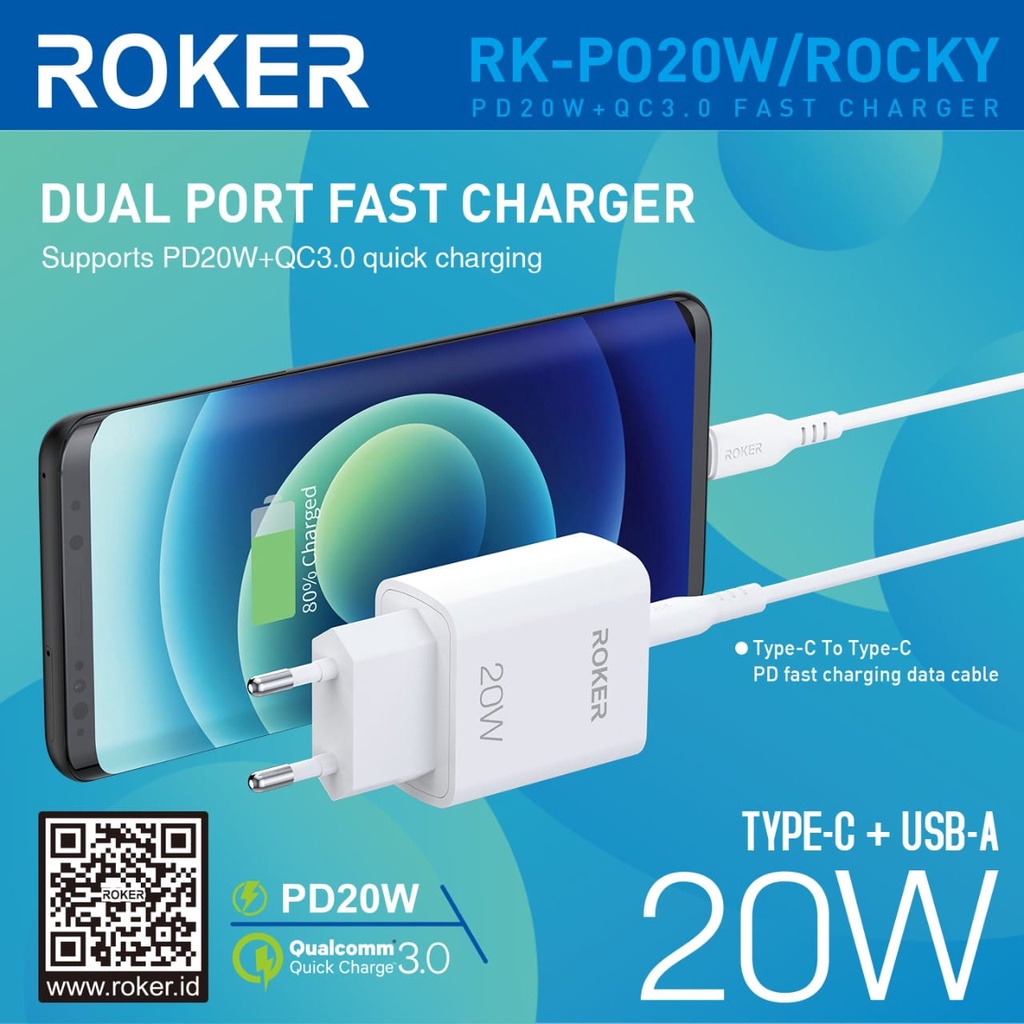 ROKER CHARGER ROCKY POWER DELIVERY 20 Watt FAST CHARGING +BONUS KABEL C TO C IN THE BOX iphone 15 iphone 16 cepat penuh - Gambar 3