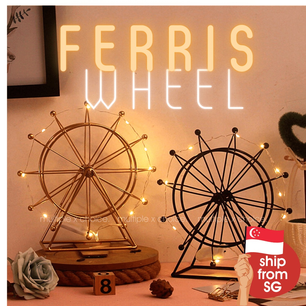 (SG SELLER) Ferris Wheel Nordic Iron Metal Gold Black Ornament Rotating LED Home Decoration with Lights