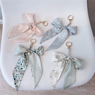 Luxury silk ribbon key chains for women retro lipstick purse PU leather  keychain charms bag Pendant