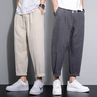 New Arrival Mens Elastic Waist Cotton and Linen Trousers Men Solid Loose  Pant Straight Ankle Length