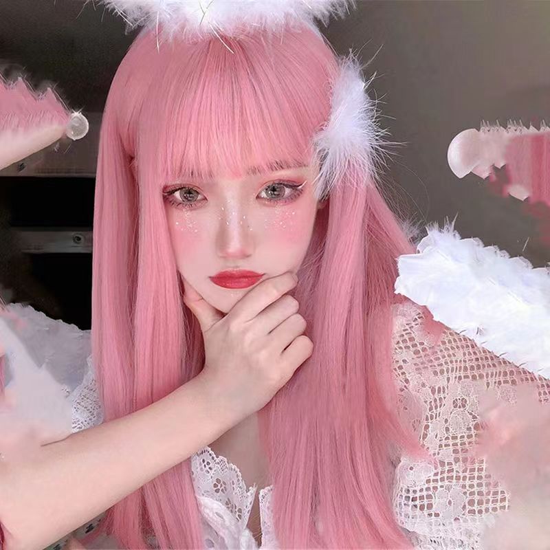 Korean Style Synthetic Long Straight Black Grey Pink Wig With Bangs Heat Resistant Kawaii Lolita Wigs For Women Natural Cosplay Hair Wig Shopee Singapore