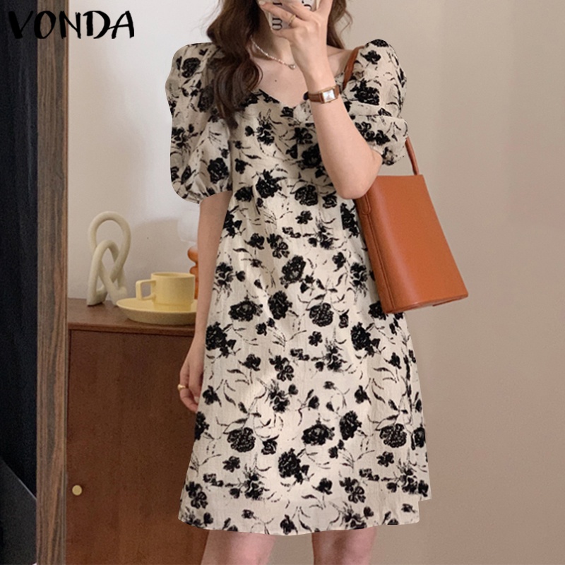 Vonda Women Summer Korean V Neck Puff Short Sleeve Floral Pleated Mini