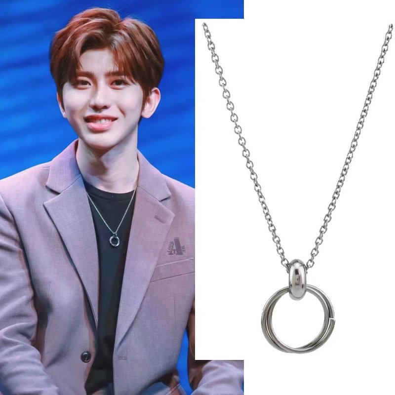 Double Ring Necklace Japanese Korean Titanium Steel Couple Necklace Pure Steel with Chain Korean