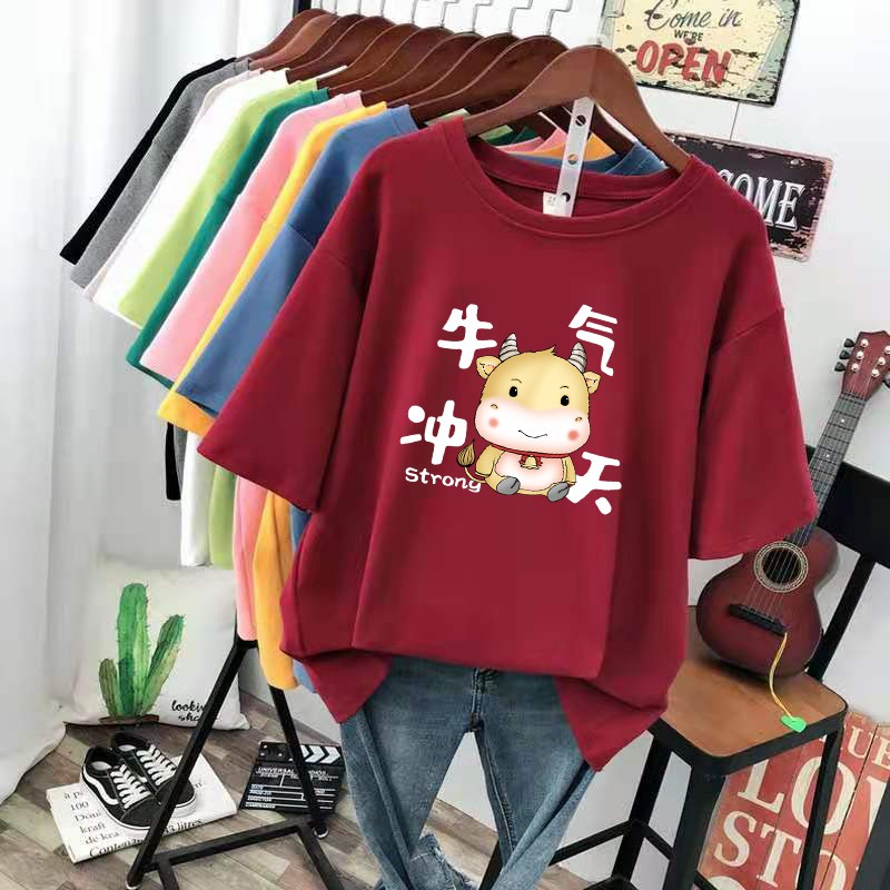 Women's Blouse Summer 2021 CNY/ Chinese New  OX Year Short sleeve Tshirt Fashion Clothing Round Neck Student loose tops Clothes