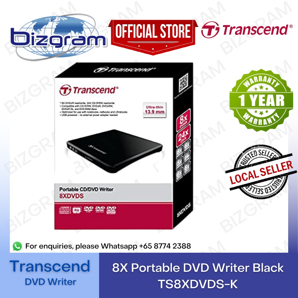 Transcend 8X Portable DVD Writer Black (Local Singapore 1Year warranty