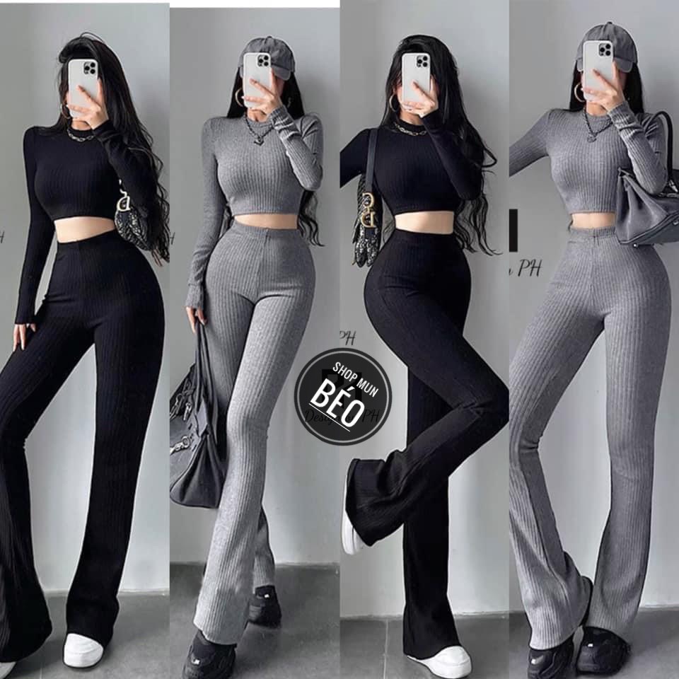 Women's Long Sleeve Crop Top and Flare Pants 2 Piece Set (Grey) IN