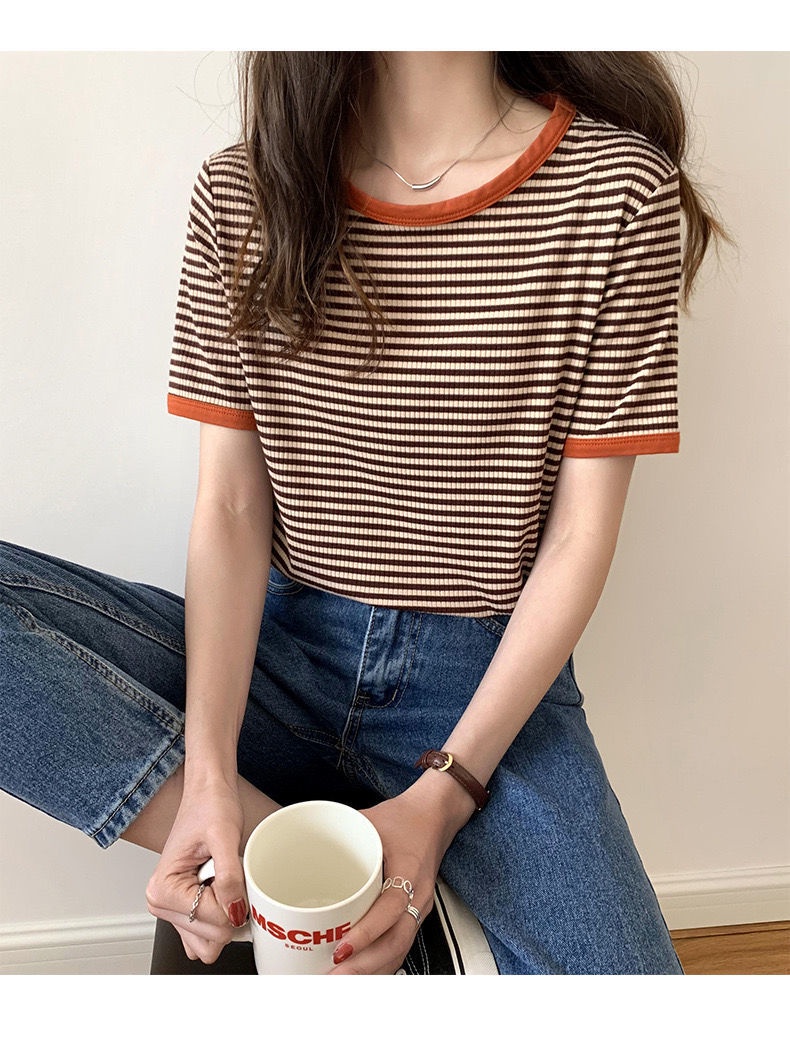 T-shirt Women's Round Neck Striped Tee Lady's Short Sleeve Female T ...