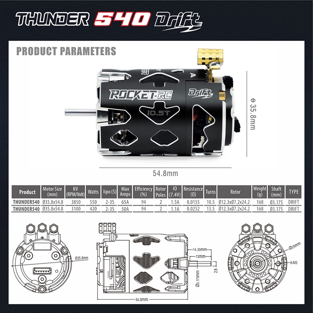 KOCAN HOBBY Rocket V3 540 13.5T Sensored Brushless SPEC Moteur Noir