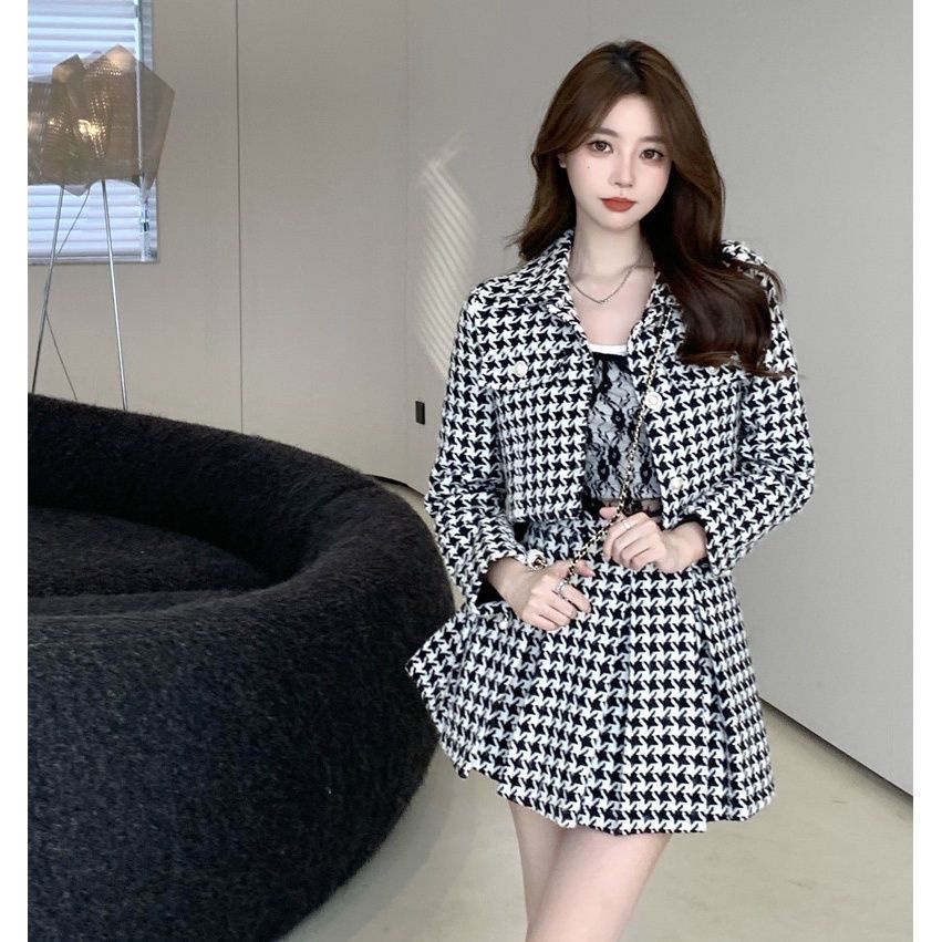 New Autumn And Winter All-match Plaid Coat + High Waist A-line Mini Skirt Women'S Clothing