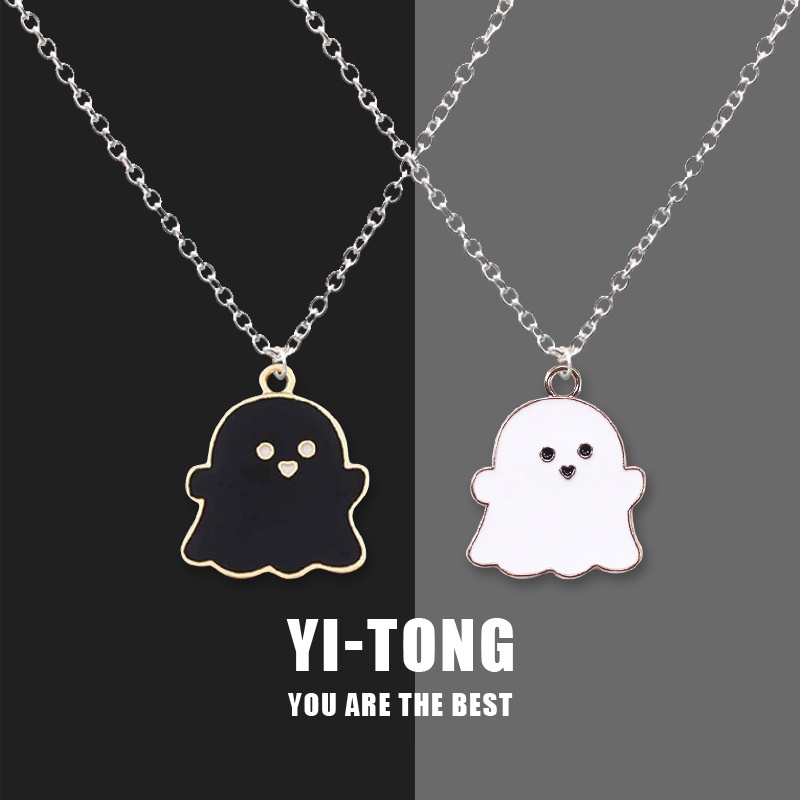 Male and Female Students Cartoon White Ghost Alloy Pendant Necklace Female Girlfriends Couple Black and Blue Powder Dripping Oil Pendant Necklace Fashion Accessories