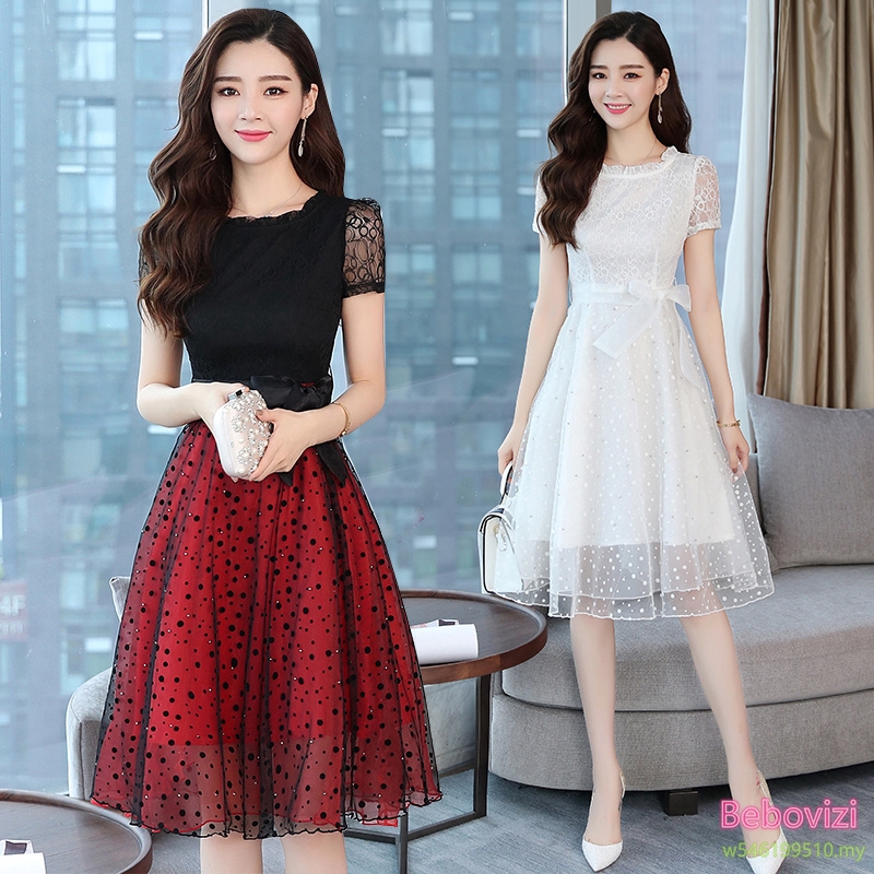 Fashion Elegant Midi Dress Korean Lace Chiffon Party Evening Prom Lady ...