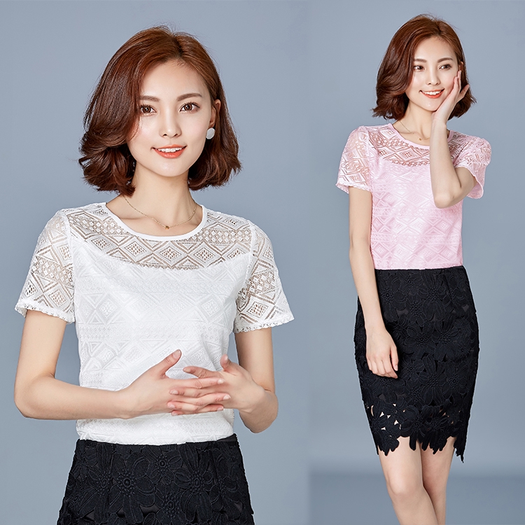 Women Clothing Chiffon T-Shirts Crochet Lace Blouse White Casual Fit Tops Tee