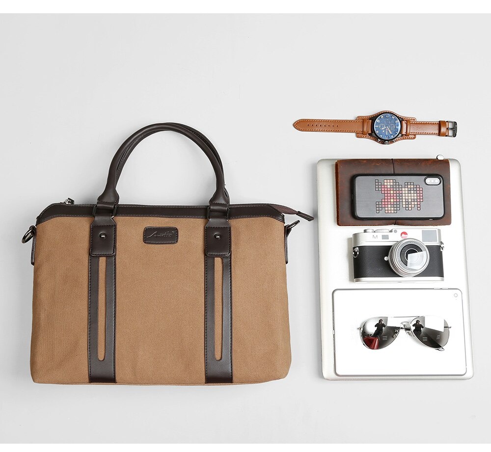 P&D Briefcase Men Handbag Vintage Shoulder Bag Canvas Large Capacity