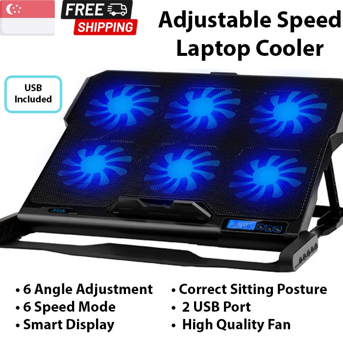 Gaming Laptop Notebook 6 Fan Cooler Stand Adjustable Pad Cooling Ice