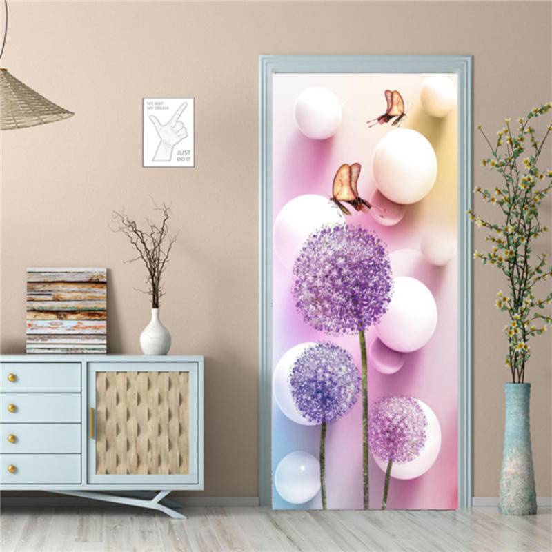 Purple Dandelion Butterfly Wallpaper For Door 3D Self-Adhesive PVC ...