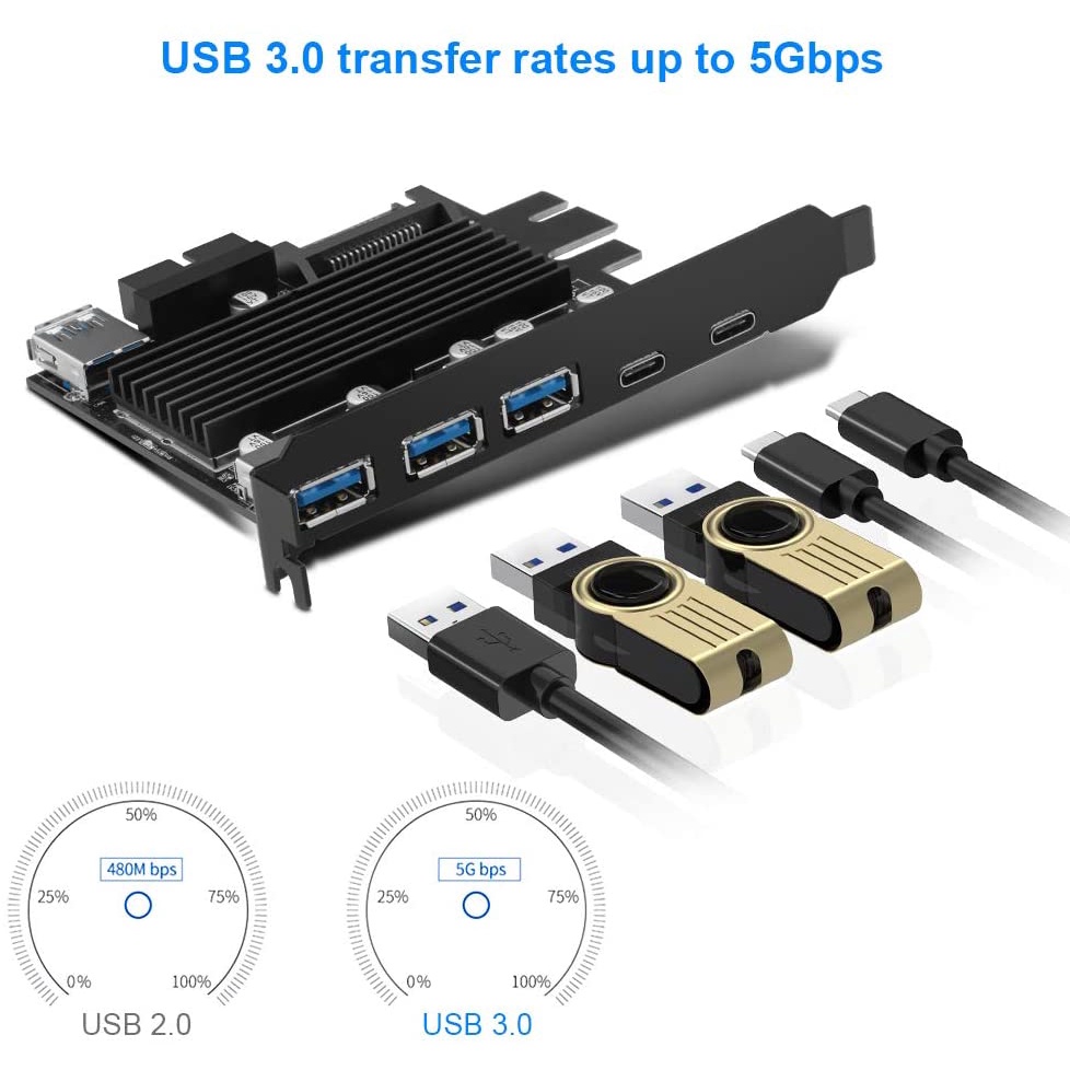 "Rocketek USB 3.0 Expansion 5 Ports Card, 3 Port USB 3.0 2 Port Type C