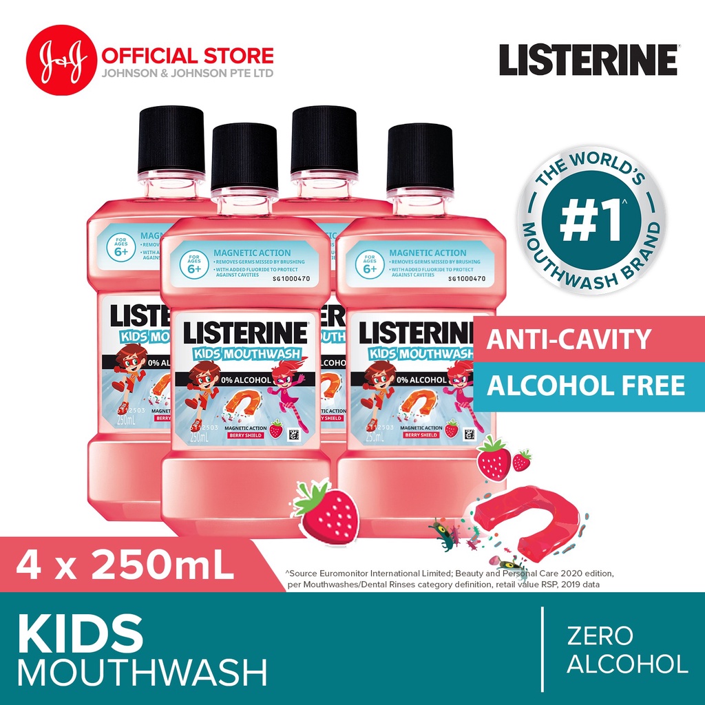 [Bundle of 4] Listerine Kids Mouthwash With Berry Shield Zero Alcohol 250ml (Fresh Breath Dental Oral Care)