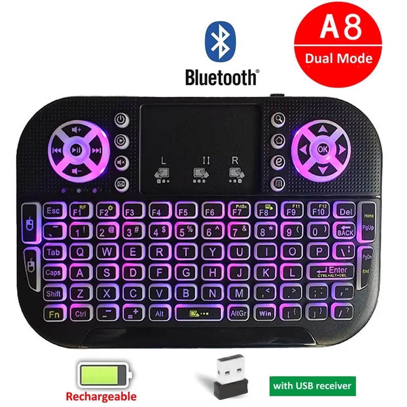Tastiera Wireless Mini Binghe A8 Con Touchpad E Retroilluminazione – Bluetooth E 2.4G Per Smart TV, PC E Android