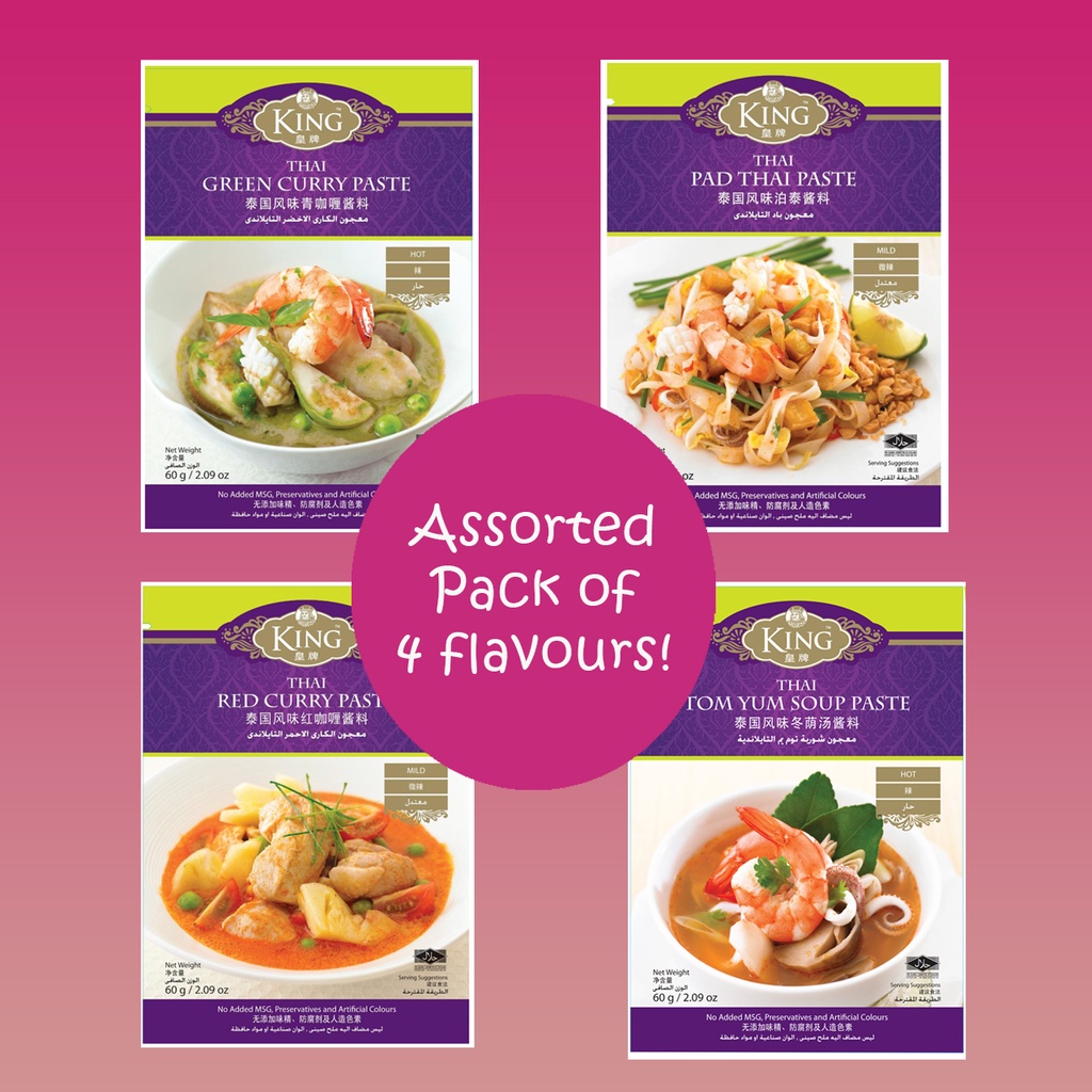 KING Pastes Pack Thai Tom Yum, Green Curry, Red Curry, Pad Thai