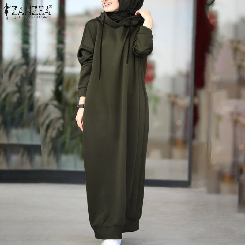ZANZEA Women Hooded Winter Dress Long Sleeve Thin Fleece Long Dress Shopee Singapore