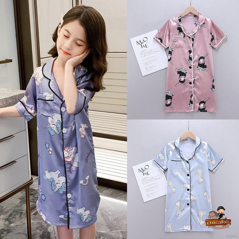 ruiaike Children Kids Girls Silk Satin Cartoon Unicorn Rabbit Bathrobe  Pajama Dress Sleepwear Nightgown 4-14 Year Old | Shopee Singapore