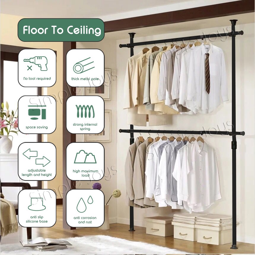 Floor To Ceiling Adjustable Clothes Hanging Rack with Bars | Shopee ...
