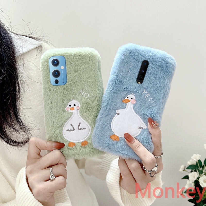 Cute Cartoon Duck Fluffy Soft Plush Phone Case For Oneplus Nord N100 8T 7T 6T 5T 3T 10 9 Pro 8 7 6 5 3 Winter Warm Furry Back Cover