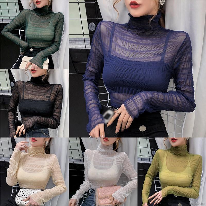 Women Mesh Sexy Slim Perspective Long Sleeve Turtleneck Crop Top