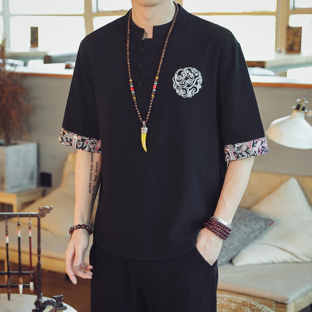Chinese Style Disc Button Linen T-shirt Men's Summer Short-sleeved Tang ...