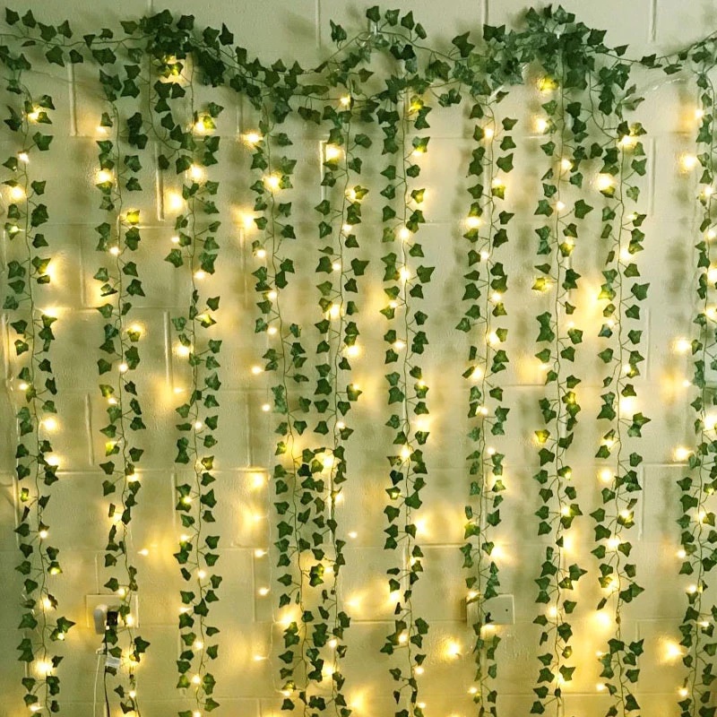 2M Artificial Green Leaf Rattan String 20 Lights / Real Touch Fairy Lights / For Office Hotel Home Wedding Christmas Festival Party DIY Indoor Home Decoration
