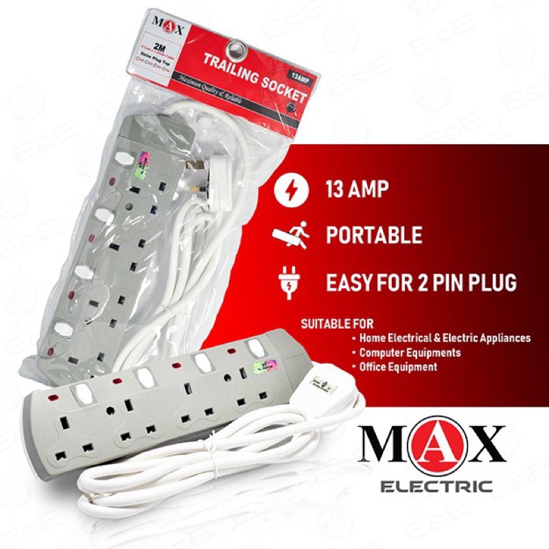 MAX TRAILING SOCKET EXTENSION 4 Gang / 4G ( 2 Meter ) | Shopee Singapore