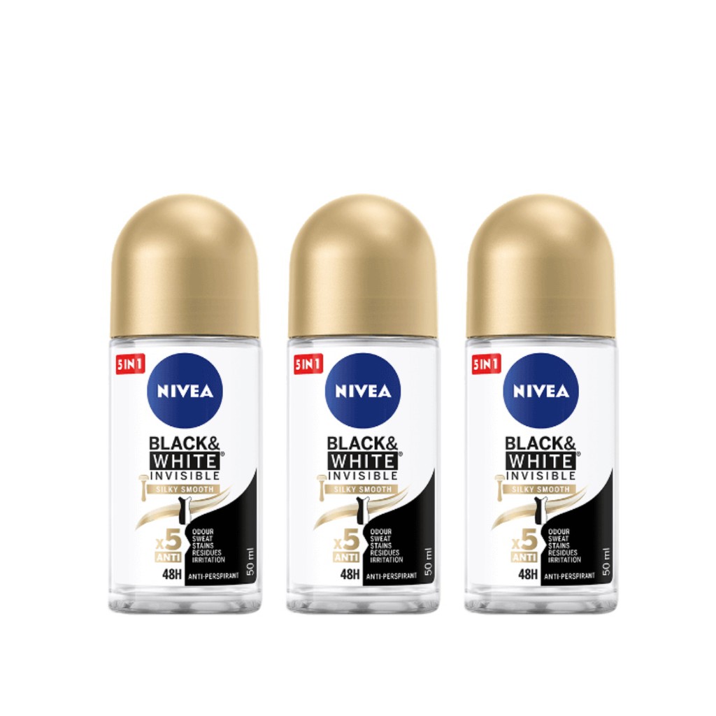 BUNDLE OF 3) NIVEA DEODORANT ROLL ON BLACK & WHITE INVISIBLE SILKY SMOOTH  50ML - BEAUTY LANGUAGE