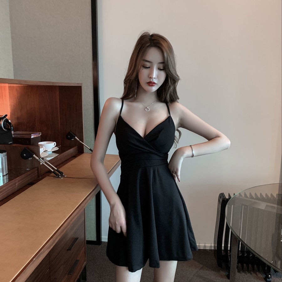 Sexy low cut suspender dress bar night club nightclub black princess bare chest thin nightclub women s short skirt Shopee Singapore