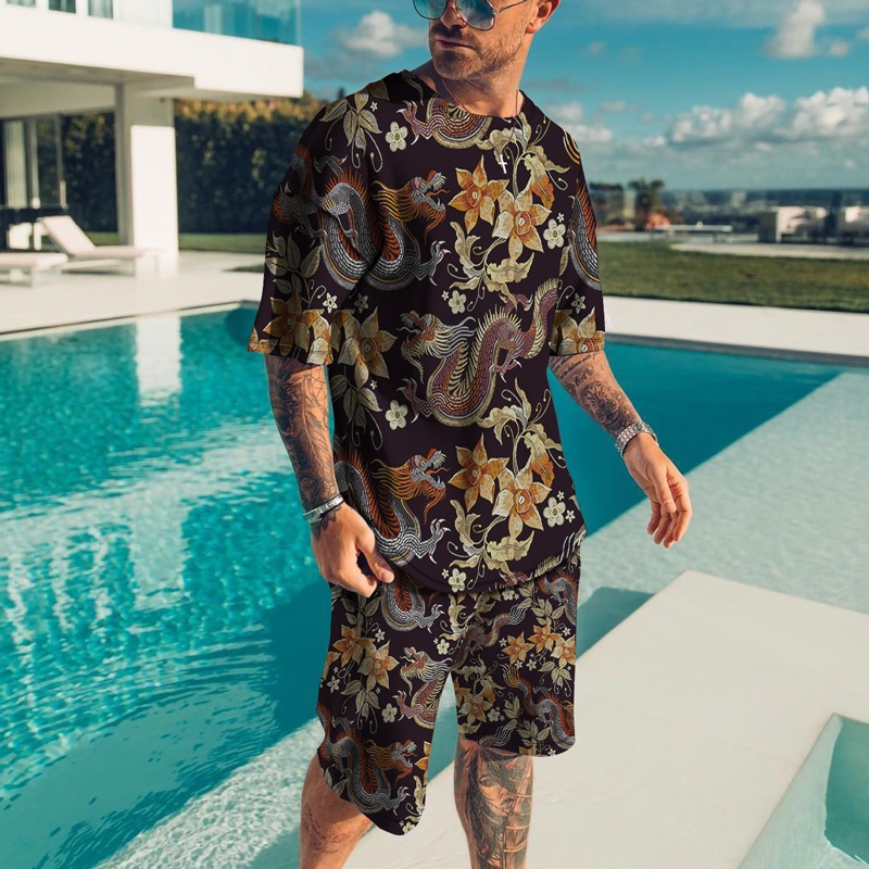 Mens Short Sets 2 Piece Outfits Fashion Summer Tracksuits Casual Shirt And Shorts Set Solid Color Short Sleeve Round-Neck Set