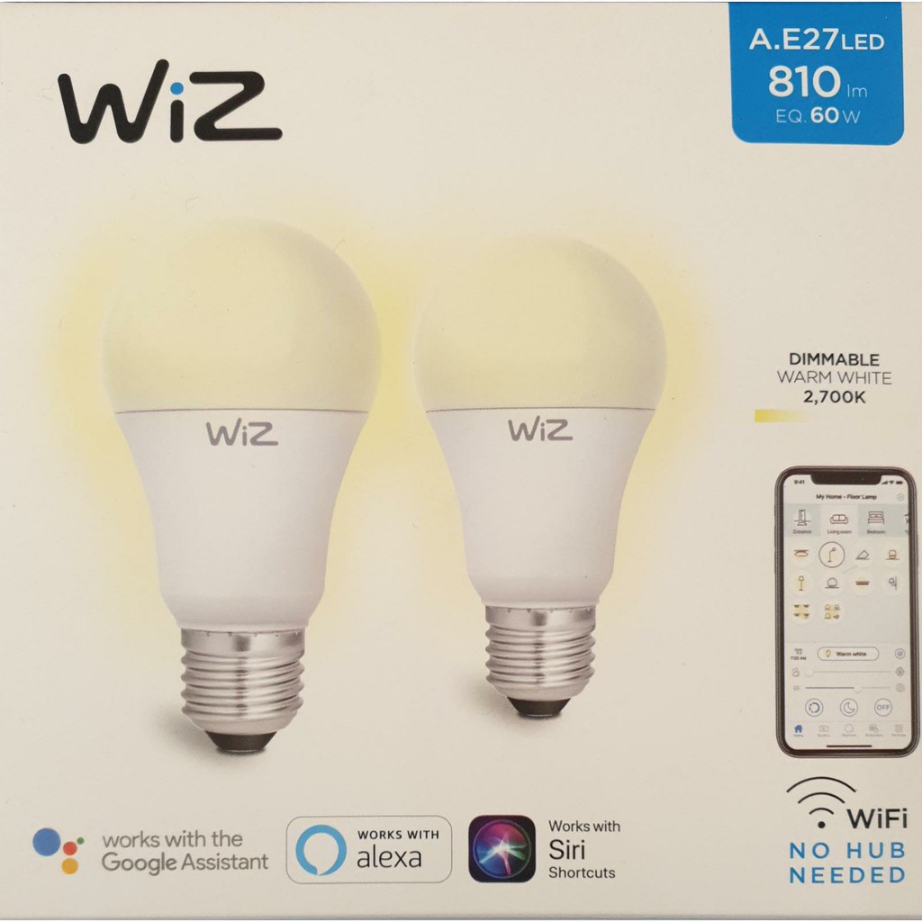 Wiz Smart LED Bulb A60 E27 2/box 9W Warm White Tunable / Dimmable via ...
