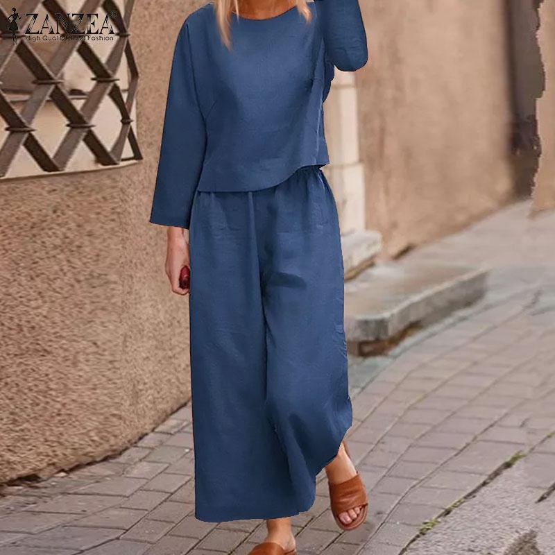 Zanzea Women Fashion Casual Solid O Neck Full Sleeve Elastic Waist Wide Leg Sets Shopee Singapore 3270