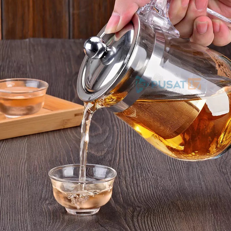 TEAPOT KACA 350ML C16 SARINGAN TEH STAINLESS TEKO TEAPOT GLASS / GELAS KECIL KACA TATAKAN BAMBU - Gambar 2
