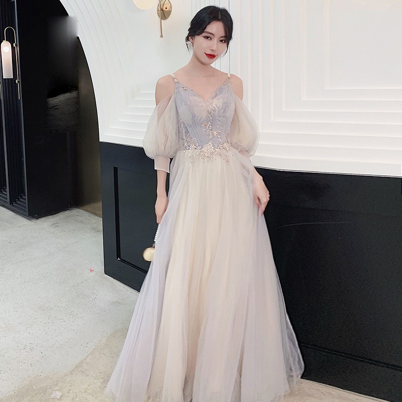 New Women Elegant Lace Dress Ladies Wedding Dinner Evening Gown Bridesmaid Gray Dresses Shopee Singapore