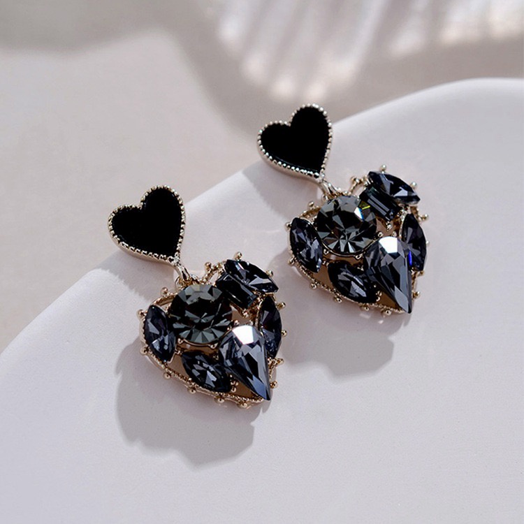 925 silver needle 2021 new trendy retro black love rhinestone pendant earrings female fashion temperament ear jewelry