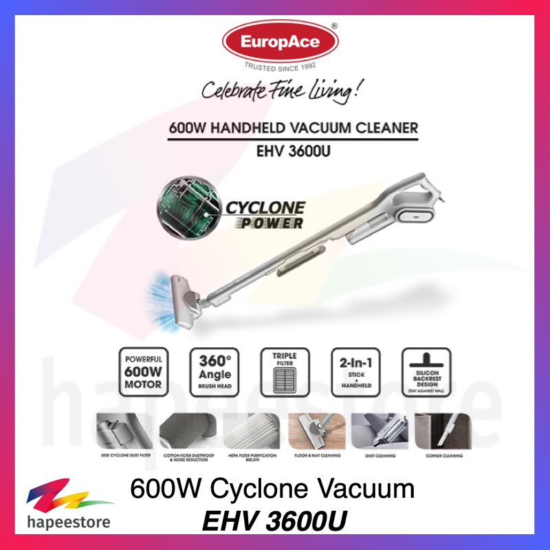 EuropAce Cyclone Handheld Vacuum Cleaner EHV 3600U EHV3600U (1 Year