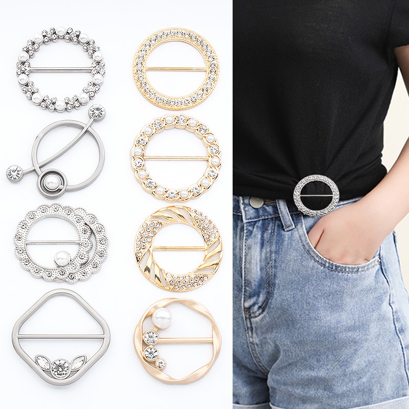 Ladies T-Shirt Clip Clothes Corner Knotted Button Rhinestone Round Clip  Buckle Round Shirt Silk Scarf Tie Clothing Clip Buckle