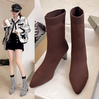 plain mid heeled velvet round toe casual mid calf high heels boots