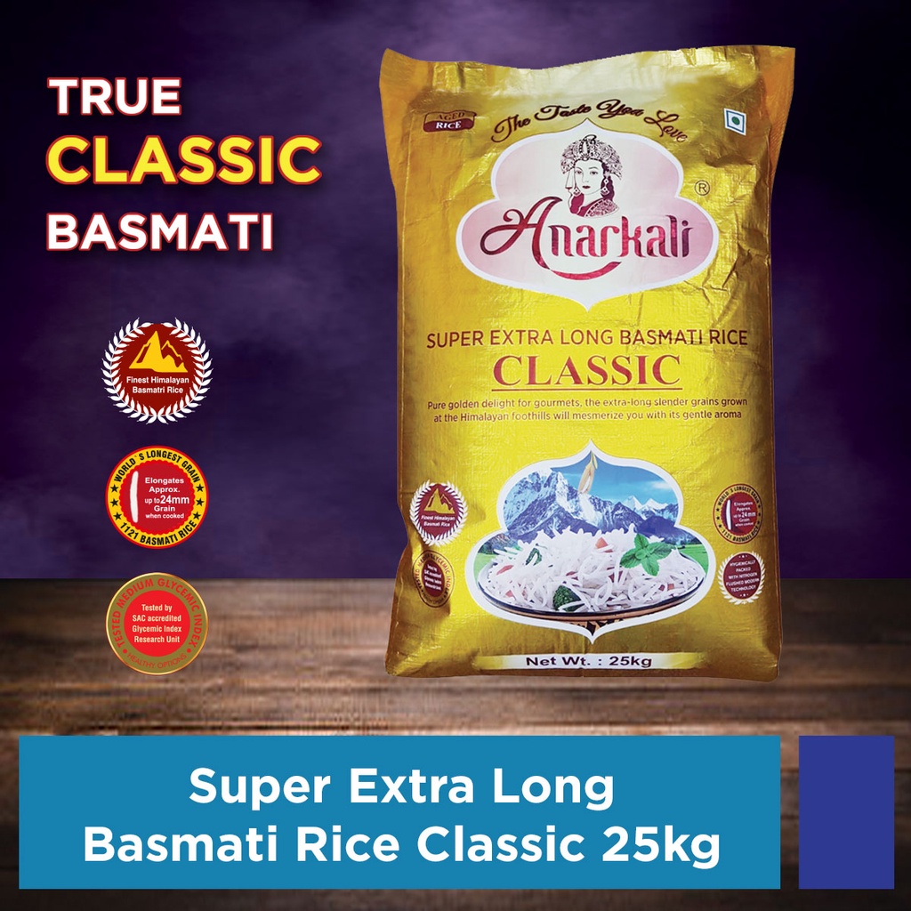 Anarkali Extra Long Classic Basmati Rice Medium GI Rice 25 KG | Shopee ...