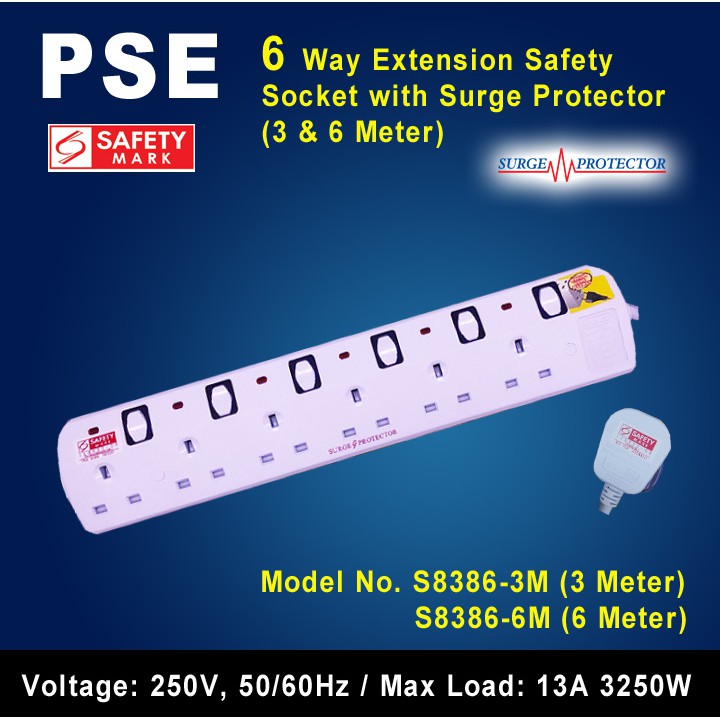 PSE 6 Way Extension Safety Socket with Surge Protector & Singapore