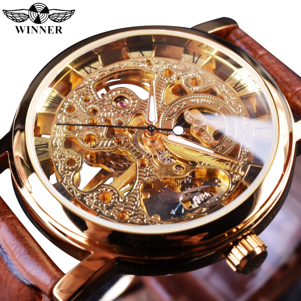 Winner Transparent Golden Case Design Brown Leather Strap Mens Watches Mechanical Skeleton Watch