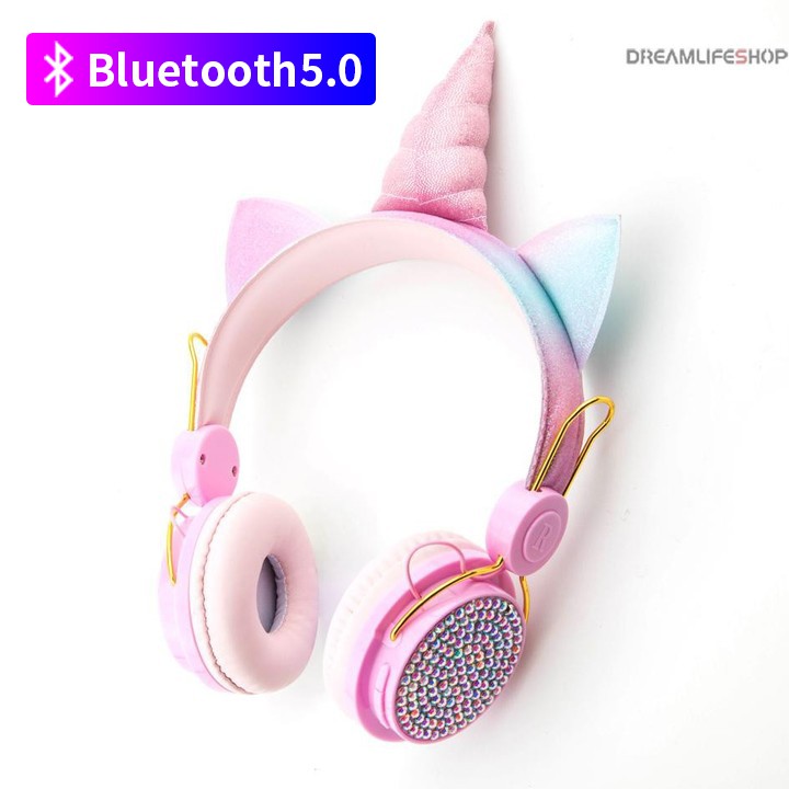 Cute Pink Unicorn Headphones Bluetooth wireless Headset With Mic